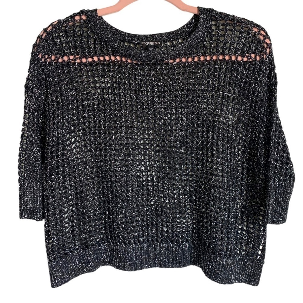 Express Boho Black Metallic Loose Knit Oversized 3/4 Sleeve Sweater Extra Small